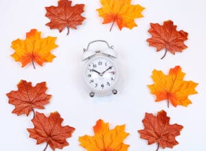 A Clock surrounded by Maple Leaves