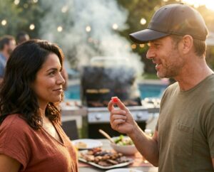 Couple at a backyard summer BBQ, man holding a red Insa cannabis chew gummy — Connecticut cannabis edibles for social occasions