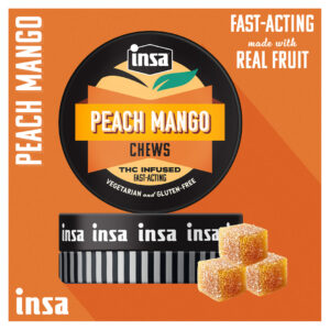 Insa Peach Mango Cannabis Chews tin with THC-infused gummies — fast-acting cannabis edibles Connecticut