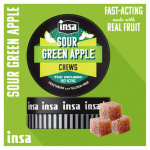 Insa Sour Green Apple Cannabis Chews tin with THC-infused gummies — fast-acting cannabis edibles Connecticut