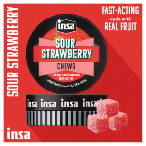 Insa Sour Strawberry Cannabis Chews tin with THC-infused gummies — fast-acting cannabis edibles Connecticut