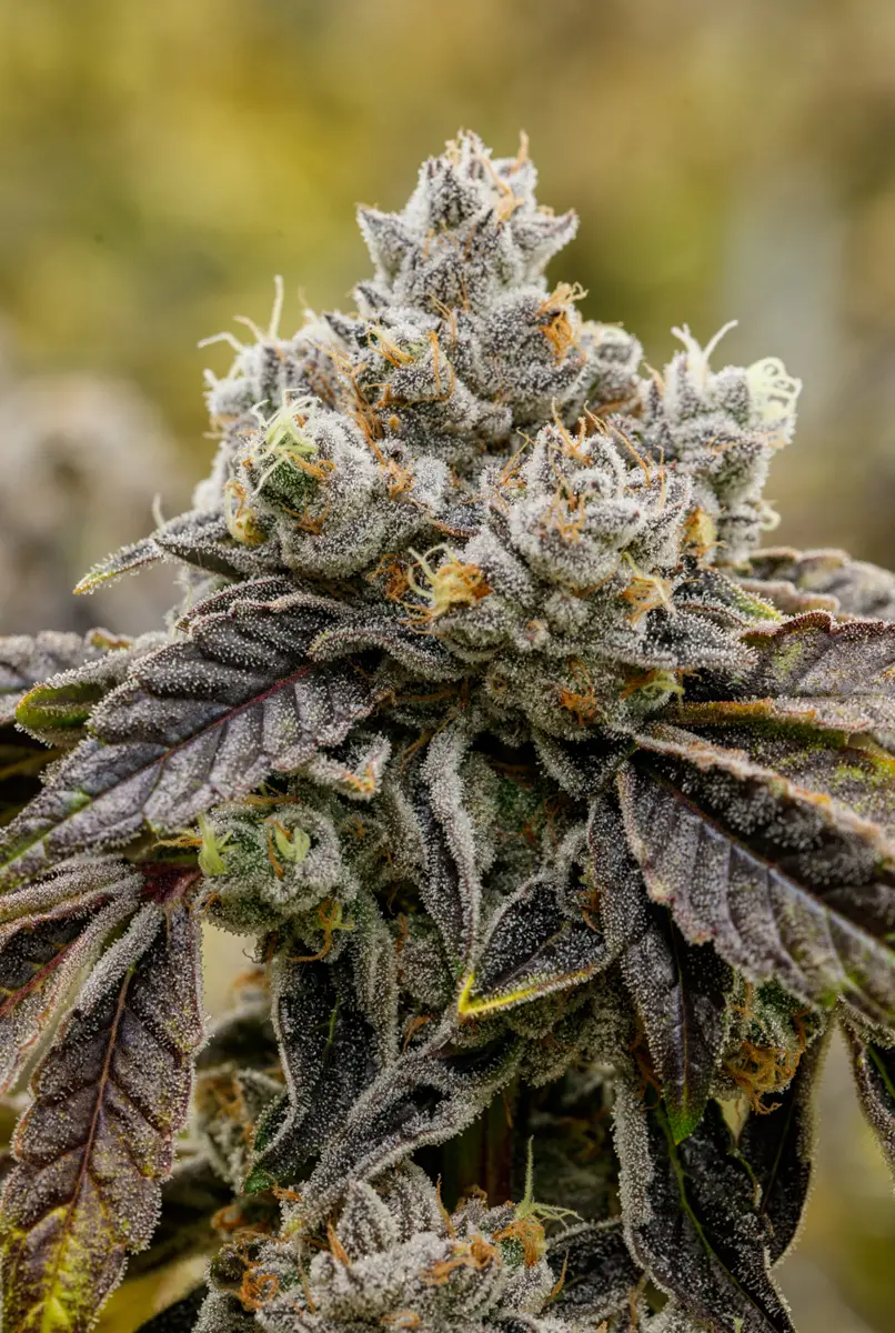 The August Drop List: A close-up of a frosty cannabis bud.